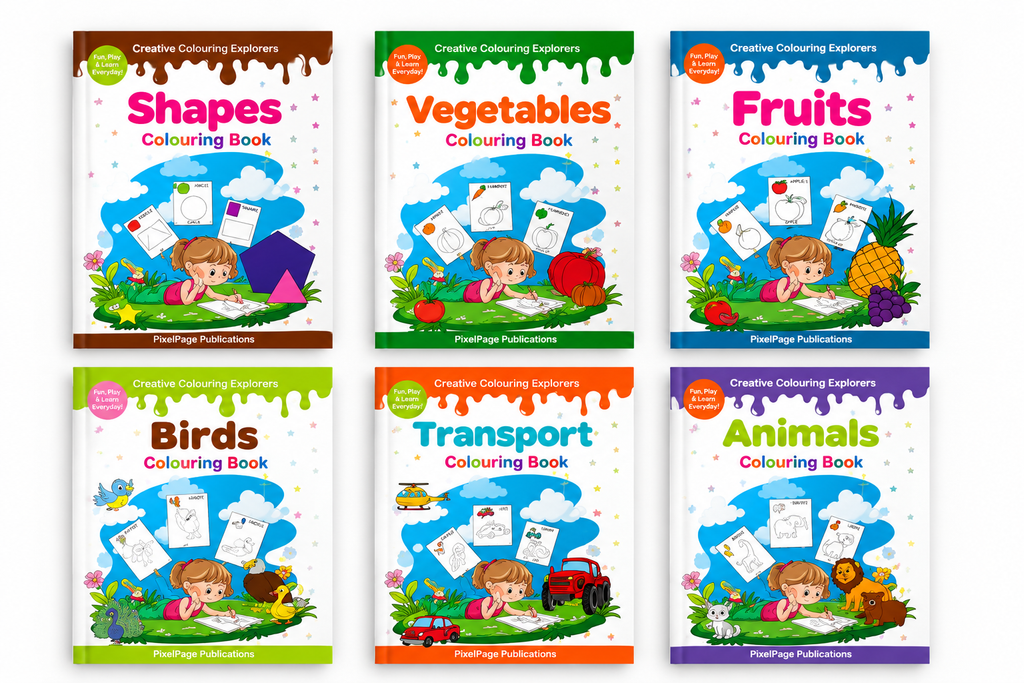 Creative Colouring Explorers – 6 Book Set (Shapes, Vegetables, Fruits, Birds, Transport, Animals)