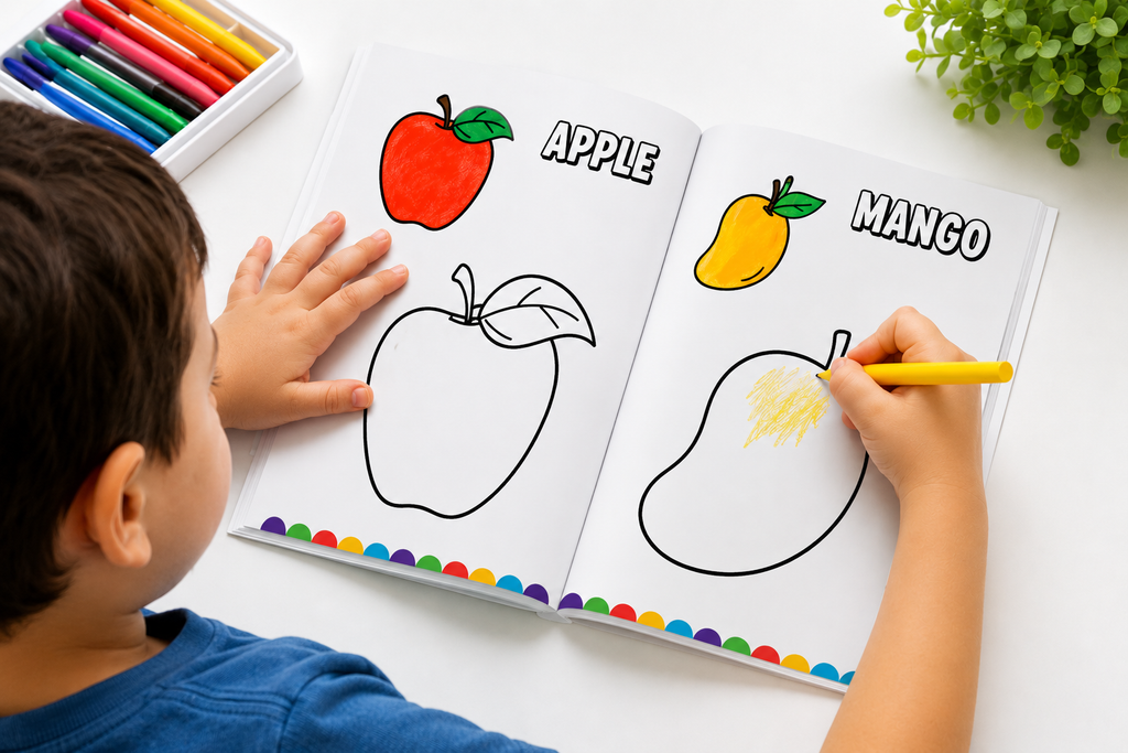 Creative Colouring Explorers – 6 Book Set (Shapes, Vegetables, Fruits, Birds, Transport, Animals)
